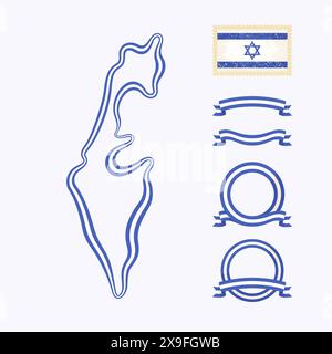 Umrisskarte von Israel. Der Rand ist mit einem Farbband in nationalen Farben gekennzeichnet. Das Paket enthält Rahmen in nationalen Farben und Stempel mit Flagge. Stock Vektor