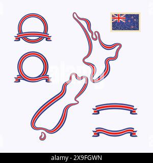 Umrisskarte von Neuseeland. Der Rand ist mit einem Farbband in den nationalen Farben gekennzeichnet. Das Paket enthält einen Stempel mit Flag und Rahmen. Die Datei wird erstellt Stock Vektor