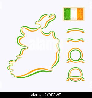 Umrisskarte von Irland. Der Rand ist mit einem Farbband in den nationalen Farben gekennzeichnet. Das Paket enthält einen Stempel mit Flag und Rahmen. Die Datei wird mit erstellt Stock Vektor