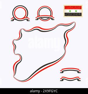 Umrisskarte von Syrien. Der Rand ist mit einem Farbband in den nationalen Farben gekennzeichnet. Das Paket enthält einen Stempel mit Flag und Rahmen. Die Datei wird mit erstellt Stock Vektor