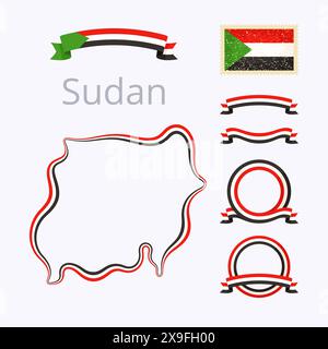 Umrisskarte von Sudan. Der Rand ist mit einem Farbband in nationalen Farben gekennzeichnet. Das Paket enthält Rahmen in nationalen Farben und Stempel mit Flagge. Stock Vektor