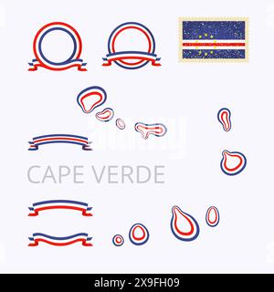 Umrisskarte von Kap Verde. Der Rand ist mit einem Farbband in nationalen Farben gekennzeichnet. Das Paket enthält Rahmen in nationalen Farben und Stempel mit Flagge. Stock Vektor