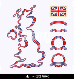 Umrisskarte von Großbritannien. Der Rand ist mit einem Farbband in den nationalen Farben gekennzeichnet. Das Paket enthält einen Stempel mit Flag und Rahmen. Die Datei ist m Stock Vektor