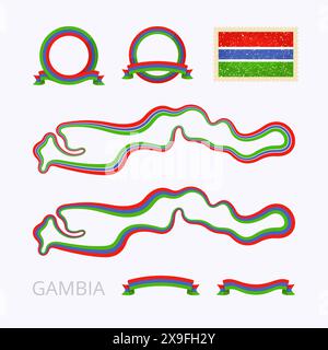Umrisskarte von Gambia. Der Rand ist mit einem Farbband in nationalen Farben gekennzeichnet. Das Paket enthält Rahmen in nationalen Farben und Stempel mit Flagge. Stock Vektor