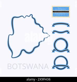 Umrisskarte von Botswana. Der Rand ist mit einem Farbband in nationalen Farben gekennzeichnet. Das Paket enthält Rahmen in nationalen Farben und Stempel mit Flagge. Stock Vektor