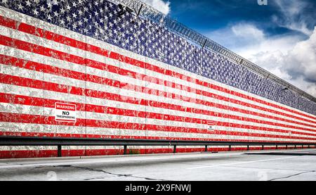 Grenzmauer amerikanische Flagge und ein Warnschild, das darauf hinweist, dass kein Betreten vorliegt Stockfoto