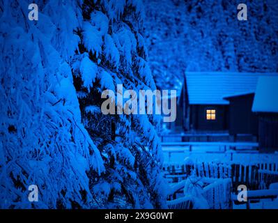 Die Nacht kommt, altes Haus mit Schnee bedeckt auf dem Hintergrund des Waldes Stockfoto