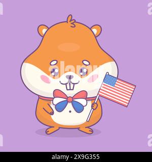 Festlicher Hamster in Fliege mit amerikanischer Flagge. Niedliche Zeichentricktier-Nagetier-Figur. Feiertag amerikanischer Unabhängigkeitstag, 4. Juli. Vektorillustra Stock Vektor