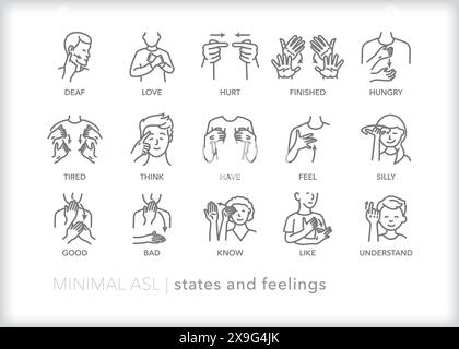 Satz von Liniensymbolen zur Darstellung der ASL-Kommunikation (American Sign Language) für Wörter und Sätze, die zustände und Gefühle darstellen Stock Vektor