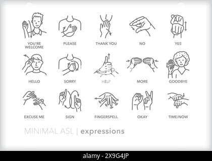 Satz von Zeilensymbolen zur Darstellung der ASL-Kommunikation (American Sign Language) für Ausdrücke, Wörter und Phrasen Stock Vektor