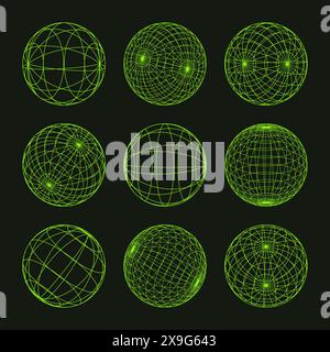 Drahtmodellformen, gefütterte Kugel. Perspektivisches Netz, 3D-Raster. Geometrische Elemente mit niedrigem Poly. Futuristische Retro-Designelemente, y2k, Vaporwave und Synthwave Stock Vektor