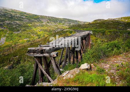 Die Eisenbahnbrücke zwischen Skagway, Alaska und der kanadischen Grenze führt durch den White Pass und die Yukon Route Stockfoto