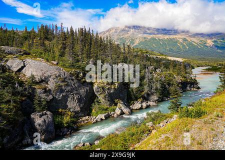 Wild River in der Chilkoot Trail National Historic Site in British Columbia, Kanada, aus Sicht des White Pass und der Yukon Route, startete von dort aus Stockfoto