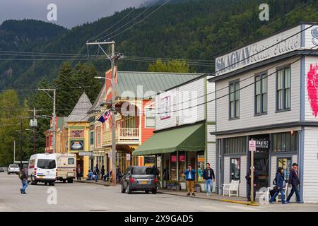 Altstadt von Skagway, Alaska - Vintage-Geschäfte im Klondike Gold Rush National Historic Park Stockfoto