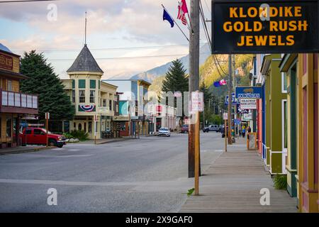 Altstadt von Skagway, Alaska - Vintage-Geschäfte im Klondike Gold Rush National Historic Park Stockfoto