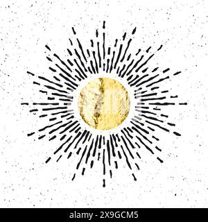Vintage Grunge Sunburst Sonnenstrahlen. Goldfolie, glänzende handgemachte Kreise. Goldene, glitzernde Textur, Muster. Handgezeichnet, platzende Sonne, Lichtstrahlen Stock Vektor