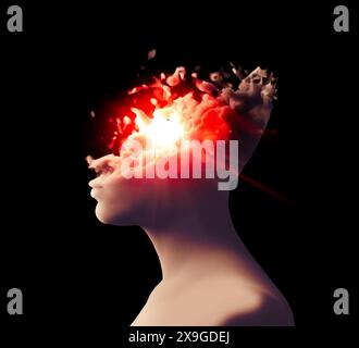 Gesicht von der Seite gesehen. Frau, degenerative Erkrankung. Degenerative Erkrankungen des Gehirns, Parkinson, Synapsen, Neuronen, Alzheimer, Krankheit, Konzept. 3D Stockfoto