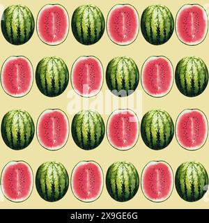 Wassermelonen nahtloses Muster, handgezeichnete Aquarellillustration isoliert auf gelbem Hintergrund. Für die Gestaltung von Sommerpostkarten, Grußkarten Stockfoto