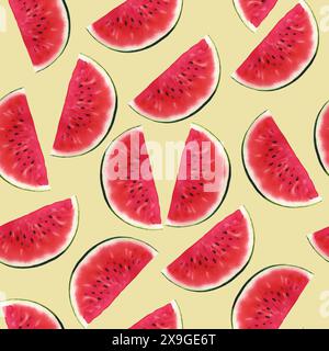 Wassermelonen nahtloses Muster, handgezeichnete Aquarellillustration isoliert auf gelbem Hintergrund. Für die Gestaltung von Sommerpostkarten, Grußkarten Stockfoto