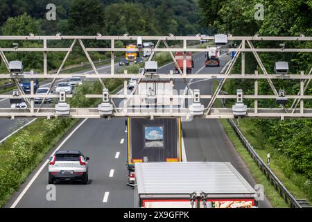 Sensoren einer Mautbrücke, zur Erfassung der Autobahnmaut, auf der Autobahn A43 bei Dülmen, Münsterland, NRW, Deutschland, Mautbrücke *** Sensoren auf einer Mautbrücke, zur Erfassung der Mautgebühren, auf der Autobahn A43 bei Dülmen, Münsterland, NRW, Deutschland, mautpflichtige Brücke Stockfoto