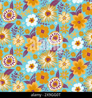 Nahtloses Half Drop Muster mit Fantasy Blumen in Harvest Gold, Magenta, Hellblau, weiß. Wiederhole Tapetendruck Textur für Scrapbooking Bastelpapier, Textilien, Stoffe, Geschenkverpackungen. Stock Vektor