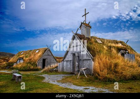 Norstead Viking Village at L'Anse Aux Meadows, Neufundland & Labrador, Kanada. Norstead: A Wikinger Village & Port of Trade ist eine Rekonstruktion von A V Stockfoto