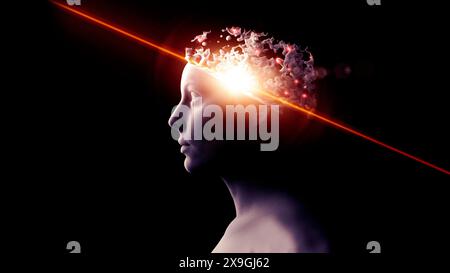 Gesicht von der Seite gesehen. Frau, degenerative Erkrankung. Degenerative Erkrankungen des Gehirns, Parkinson, Synapsen, Neuronen, Alzheimer, Krankheit, Konzept. 3D Stockfoto