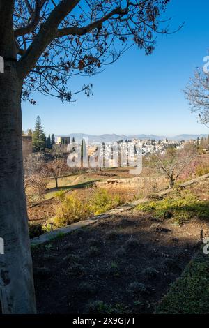 Panoramablick auf Granada, Spanien von der Festung Alhambra am schönen Nachmittag. Europäisches Reiseziel. Stockfoto