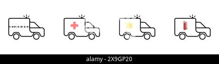 Autos mit Blinklichtern Vektor. Symbole für den linearen Transport. Auto für Notsituationen. Ambulanz, Polizei, Feuerwehr, Retter-Vektor-Set. Stock Vektor