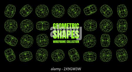 Mit Drahtdarstellung versehene Formen. Perspektivisches Netz, 3D-Raster. Geometrische Elemente mit niedrigem Poly. Futuristische Retro-Designelemente im y2k-, Vaporwave- und Synthwave-Stil Stock Vektor