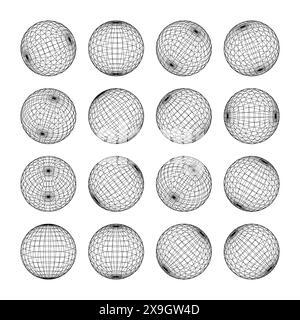 Drahtmodellformen, gefütterte Kugel. Perspektivisches Netz, 3D-Raster. Geometrische Elemente mit niedrigem Poly. Futuristische Retro-Designelemente, y2k, Vaporwave und Synthwave Stock Vektor