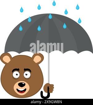 Vektor-Illustration Gesicht brauner Bär Grizzly Cartoon, an einem regnerischen Tag mit einem Regenschirm und Regentropfen fallen Stock Vektor