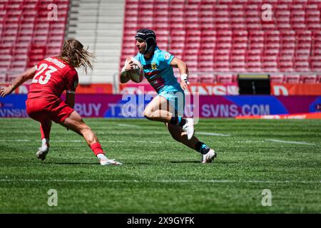 Madrid, Spanien. 31. Mai 2024. Finale der Rugby Sevens Championship. MÄNNER POOL QUALIFIER POOL A, Kanada 7s vs. Deutschland 7s Teams aus aller Welt treten an diesem Wochenende im sehnsüchtig erwarteten Finale der Rugby Sevens Championship an und stellen ihre Geschwindigkeit, ihr Können und ihre Strategie in einem rasanten und aufregenden Turnier unter Beweis. Von den Zuschauern wird erwartet, dass sie die Tribüne füllen und eine elektrische Atmosphäre am Veranstaltungsort schaffen. Quelle: Enriquepsans/Alamy Live News Stockfoto