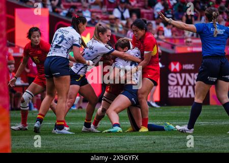 Madrid, Spanien. 31. Mai 2024. Finale der Rugby Sevens Championship. QUALIFIKATIONSPOOL FÜR FRAUEN A, Spanien 7s vs. China 7s Teams aus aller Welt treten an diesem Wochenende im sehnsüchtig erwarteten Finale der Rugby Sevens Championship an und stellen ihre Geschwindigkeit, ihr Können und ihre Strategie in einem rasanten und aufregenden Turnier unter Beweis. Von den Zuschauern wird erwartet, dass sie die Tribüne füllen und eine elektrische Atmosphäre am Veranstaltungsort schaffen. Quelle: Enriquepsans/Alamy Live News Stockfoto