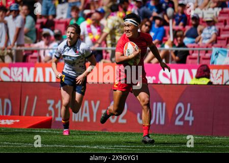 Madrid, Spanien. 31. Mai 2024. Finale der Rugby Sevens Championship. QUALIFIKATIONSPOOL FÜR FRAUEN A, Spanien 7s vs. China 7s Teams aus aller Welt treten an diesem Wochenende im sehnsüchtig erwarteten Finale der Rugby Sevens Championship an und stellen ihre Geschwindigkeit, ihr Können und ihre Strategie in einem rasanten und aufregenden Turnier unter Beweis. Von den Zuschauern wird erwartet, dass sie die Tribüne füllen und eine elektrische Atmosphäre am Veranstaltungsort schaffen. Quelle: Enriquepsans/Alamy Live News Stockfoto