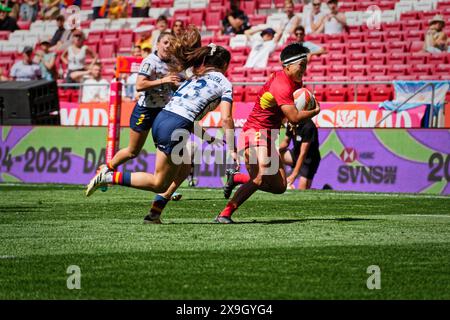 Madrid, Spanien. 31. Mai 2024. Finale der Rugby Sevens Championship. QUALIFIKATIONSPOOL FÜR FRAUEN A, Spanien 7s vs. China 7s Teams aus aller Welt treten an diesem Wochenende im sehnsüchtig erwarteten Finale der Rugby Sevens Championship an und stellen ihre Geschwindigkeit, ihr Können und ihre Strategie in einem rasanten und aufregenden Turnier unter Beweis. Von den Zuschauern wird erwartet, dass sie die Tribüne füllen und eine elektrische Atmosphäre am Veranstaltungsort schaffen. Quelle: Enriquepsans/Alamy Live News Stockfoto