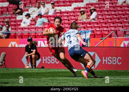 Madrid, Spanien. 31. Mai 2024. Finale der Rugby Sevens Championship. QUALIFIKATIONSPOOL FÜR FRAUEN A, Spanien 7s vs. China 7s Teams aus aller Welt treten an diesem Wochenende im sehnsüchtig erwarteten Finale der Rugby Sevens Championship an und stellen ihre Geschwindigkeit, ihr Können und ihre Strategie in einem rasanten und aufregenden Turnier unter Beweis. Von den Zuschauern wird erwartet, dass sie die Tribüne füllen und eine elektrische Atmosphäre am Veranstaltungsort schaffen. Quelle: Enriquepsans/Alamy Live News Stockfoto
