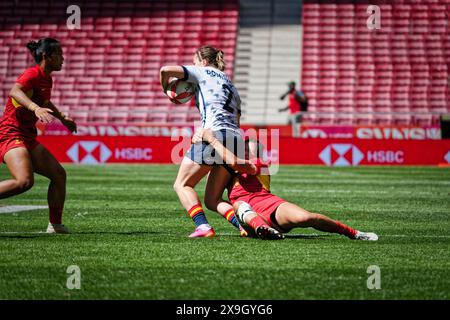 Madrid, Spanien. 31. Mai 2024. Finale der Rugby Sevens Championship. QUALIFIKATIONSPOOL FÜR FRAUEN A, Spanien 7s vs. China 7s Teams aus aller Welt treten an diesem Wochenende im sehnsüchtig erwarteten Finale der Rugby Sevens Championship an und stellen ihre Geschwindigkeit, ihr Können und ihre Strategie in einem rasanten und aufregenden Turnier unter Beweis. Von den Zuschauern wird erwartet, dass sie die Tribüne füllen und eine elektrische Atmosphäre am Veranstaltungsort schaffen. Quelle: Enriquepsans/Alamy Live News Stockfoto