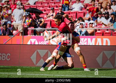 Madrid, Spanien. 31. Mai 2024. Finale der Rugby Sevens Championship. MÄNNER POOL QUALIFIKATION POOL B, Spanien 7s vs. Chile 7s. Teams aus aller Welt treten an diesem Wochenende im sehnsüchtig erwarteten Finale der Rugby Sevens Championship an und stellen ihre Geschwindigkeit, ihr Können und ihre Strategie in einem rasanten und aufregenden Turnier unter Beweis. Von den Zuschauern wird erwartet, dass sie die Tribüne füllen und eine elektrische Atmosphäre am Veranstaltungsort schaffen. Quelle: Enriquepsans/Alamy Live News Stockfoto