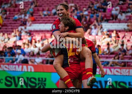 Madrid, Spanien. 31. Mai 2024. Finale der Rugby Sevens Championship. QUALIFIKATIONSPOOL A, Spanien 7s vs. Polen 7s Teams aus aller Welt treten an diesem Wochenende im sehnsüchtig erwarteten Finale der Rugby Sevens Championship an und stellen ihre Geschwindigkeit, ihr Können und ihre Strategie in einem rasanten und aufregenden Turnier unter Beweis. Von den Zuschauern wird erwartet, dass sie die Tribüne füllen und eine elektrische Atmosphäre am Veranstaltungsort schaffen. Quelle: Enriquepsans/Alamy Live News Stockfoto