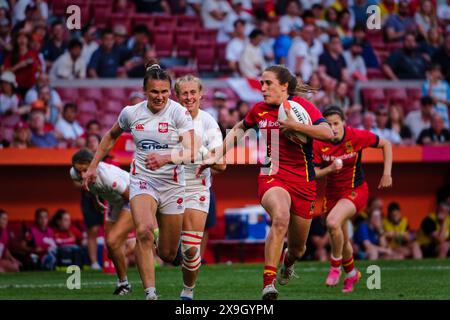 Madrid, Spanien. 31. Mai 2024. Finale der Rugby Sevens Championship. QUALIFIKATIONSPOOL A, Spanien 7s vs. Polen 7s Teams aus aller Welt treten an diesem Wochenende im sehnsüchtig erwarteten Finale der Rugby Sevens Championship an und stellen ihre Geschwindigkeit, ihr Können und ihre Strategie in einem rasanten und aufregenden Turnier unter Beweis. Von den Zuschauern wird erwartet, dass sie die Tribüne füllen und eine elektrische Atmosphäre am Veranstaltungsort schaffen. Quelle: Enriquepsans/Alamy Live News Stockfoto