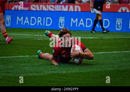 Madrid, Spanien. 31. Mai 2024. Finale der Rugby Sevens Championship. QUALIFIKATIONSPOOL A, Spanien 7s vs. Polen 7s Teams aus aller Welt treten an diesem Wochenende im sehnsüchtig erwarteten Finale der Rugby Sevens Championship an und stellen ihre Geschwindigkeit, ihr Können und ihre Strategie in einem rasanten und aufregenden Turnier unter Beweis. Von den Zuschauern wird erwartet, dass sie die Tribüne füllen und eine elektrische Atmosphäre am Veranstaltungsort schaffen. Quelle: Enriquepsans/Alamy Live News Stockfoto