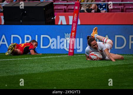 Madrid, Spanien. 31. Mai 2024. Finale der Rugby Sevens Championship. QUALIFIKATIONSPOOL A, Spanien 7s vs. Polen 7s Teams aus aller Welt treten an diesem Wochenende im sehnsüchtig erwarteten Finale der Rugby Sevens Championship an und stellen ihre Geschwindigkeit, ihr Können und ihre Strategie in einem rasanten und aufregenden Turnier unter Beweis. Von den Zuschauern wird erwartet, dass sie die Tribüne füllen und eine elektrische Atmosphäre am Veranstaltungsort schaffen. Quelle: Enriquepsans/Alamy Live News Stockfoto