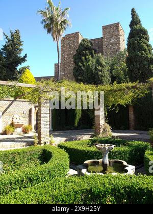 Ein friedlicher Garten mit einem Brunnen inmitten hoher alter Mauern und einer großen Palme, alles unter einem klaren blauen Himmel, die Stadt Malaga am Mittelmeer Stockfoto