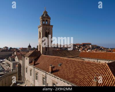 Blick auf die Stadt mit einem hohen Kirchturm, historischen Gebäuden und roten Ziegeldächern in der Nähe der Küste unter blauem Himmel, die Altstadt von Dubrovnik mit Stockfoto