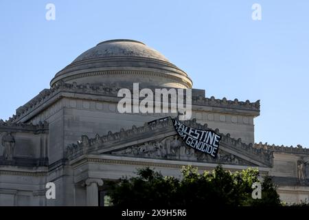 Brooklyn, NY – Mai 31 2024: Pro Palestine-Zeichen während der Proteste an der Fassade des Brooklyn Museums am Eastern Parkway in Brooklyn, New York City. Stockfoto