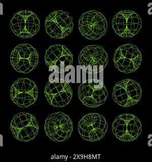 Mit Drahtdarstellung versehene Formen. Perspektivisches Netz, 3D-Raster. Geometrische Elemente mit niedrigem Poly. Futuristische Retro-Designelemente im y2k-, Vaporwave- und Synthwave-Stil Stock Vektor
