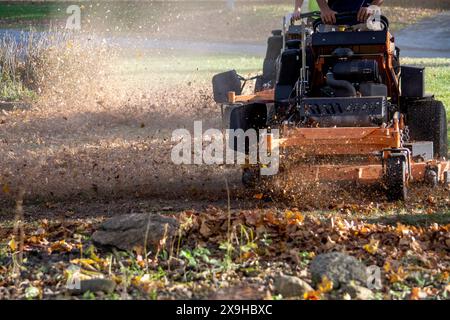 Die Arbeiter fahren auf Maschinen, die Laubblätter in einem großen, mit Herbstlaub gefüllten Hof gemulchen haben Stockfoto