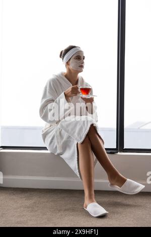 Zu Hause entspannt sich eine junge Kaukasierin im Bademantel mit einer Gesichtsmaske und Tee. Am großen Fenster sitzen und einen ruhigen Moment in einem hellen Mini genießen Stockfoto