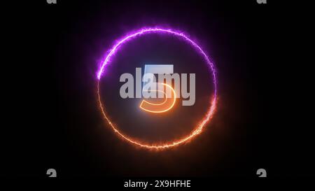 Eine leuchtende Zahl fünf wird von einem hellen, wirbelnden Lichtkreis vor schwarzem Hintergrund umgeben. Stockfoto